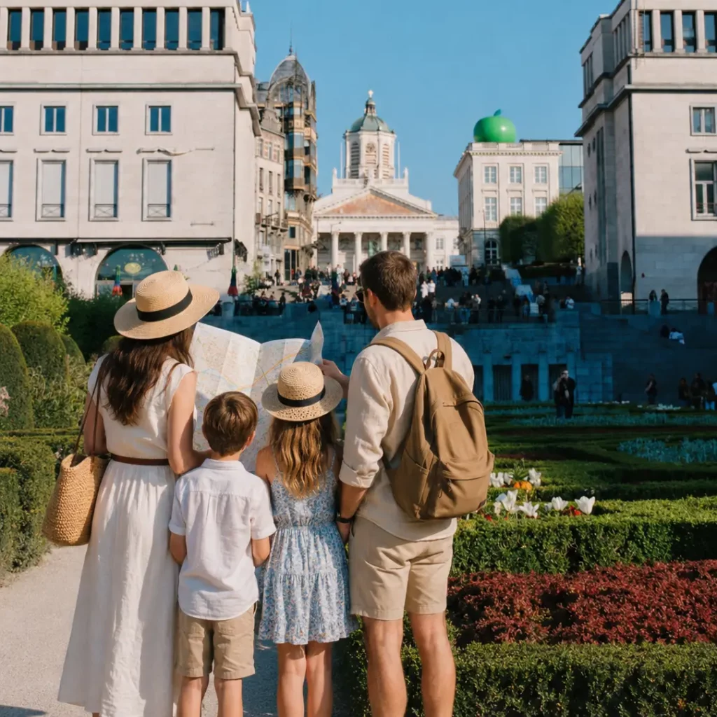 Family of four tourists, two adults and two children, wearing sun hats and backpacks, looking at a city map in a sunny square.
